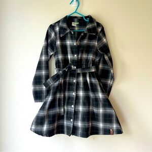 Aby Girls Plaid Flannel Shirt Dress Size 6 Black White Belted Long Sleeve Fall
